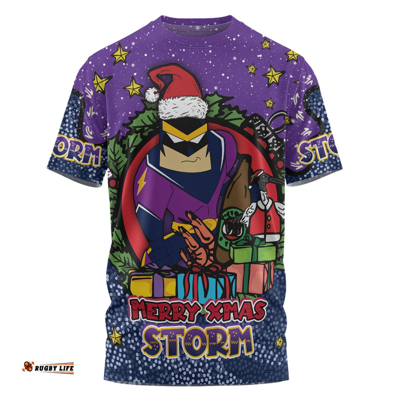 Amazing Aussie Melbourne Storm Christmas Custom T-shirt - Merry Christmas Our Beloved Team With Aboriginal Dot Art Pattern T-shirt