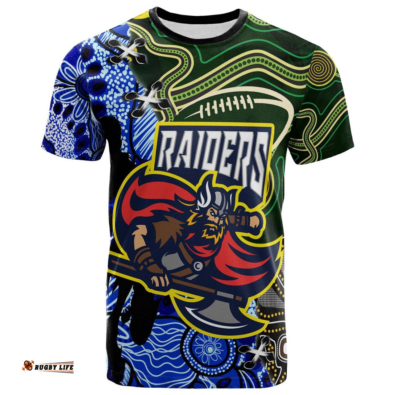 Amazing Aussie Canberra Raiders T-Shirt - Custom Canberra Raiders Team with Aboriginal Inspired Dot Painting and Indigenous Pattern
