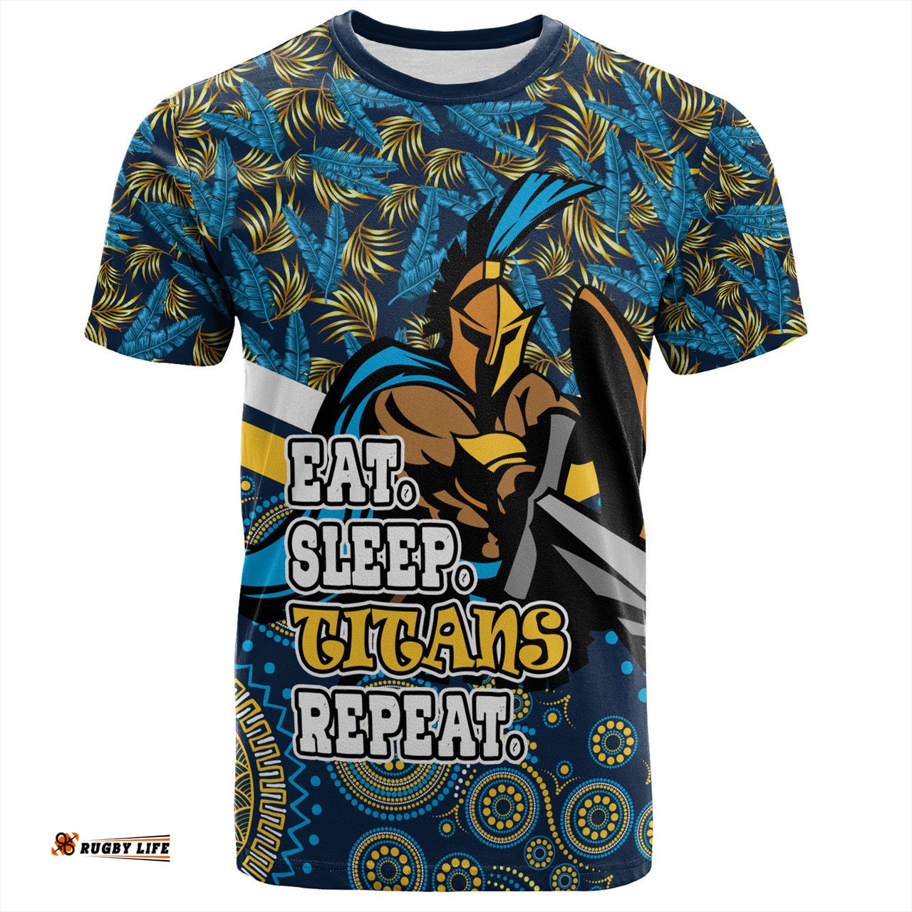 Amazing Aussie Gold Coast Titans Sport T-Shirt - Tropical Patterns And Dot Painting Eat Sleep Rugby Repeat