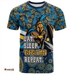 Amazing Aussie Gold Coast Titans Sport T-Shirt - Tropical Patterns And Dot Painting Eat Sleep Rugby Repeat