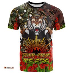 Amazing Aussie Australia Tigers T-shirt - Custom Anzac Tigers with Remembrance Poppy and Indigenous Patterns T-shirt