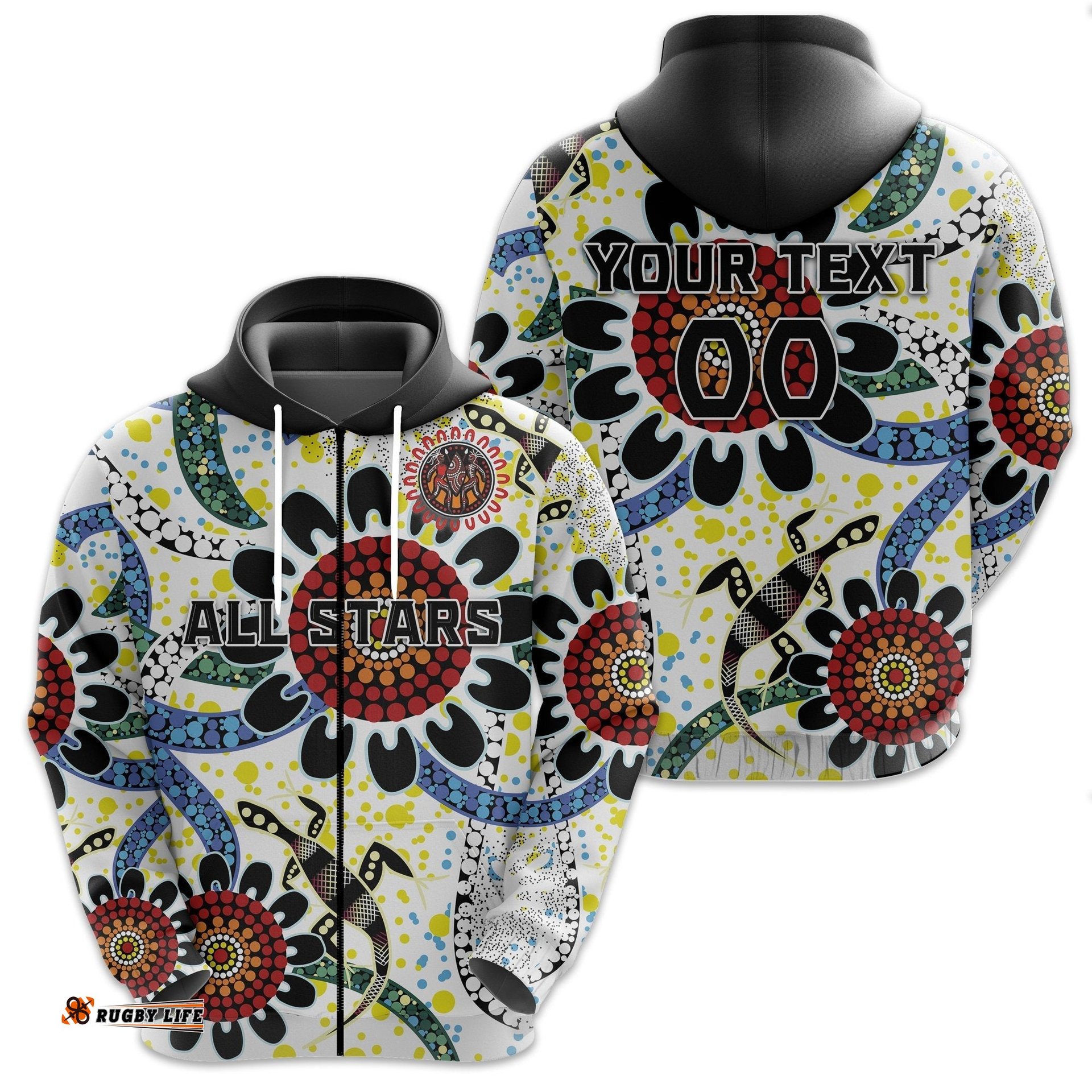custom personalised australia indigenous rugby zip hoodie all stars sporty style white custom text and number