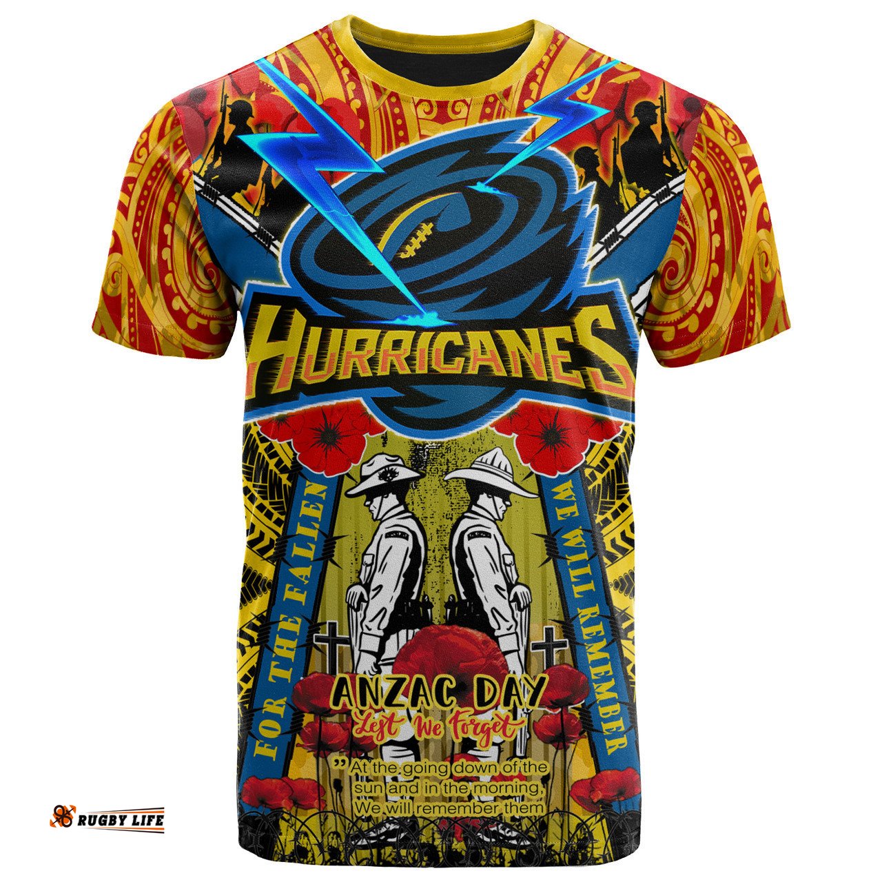 Amazing Aussie Wellington Hurricanes Anzac Day Custom T-Shirt - Remembrance Hurricanes With Maori Patterns And Poppy Flowers