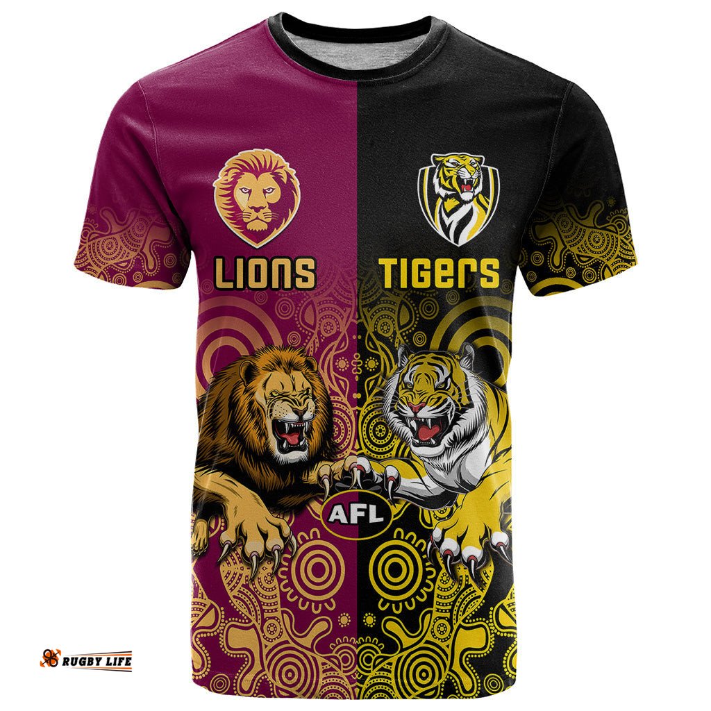 personalised richmond and brisbane lions football t shirt indigenous art version