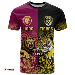 personalised richmond and brisbane lions football t shirt indigenous art version