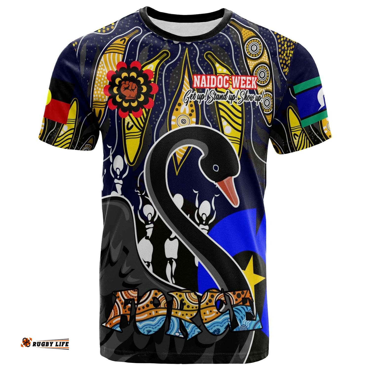 force rugby t shirt celebrate naidoc week get up stand up show up black swan with aboriginal patterns t shirt