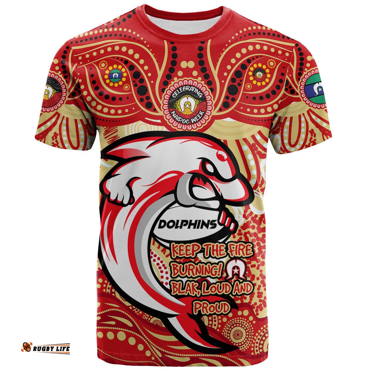 Amazing Aussie Redcliffe Dolphins T-Shirt Celebrating Naidoc Week 2024 Aboriginal Dot Art Inspired