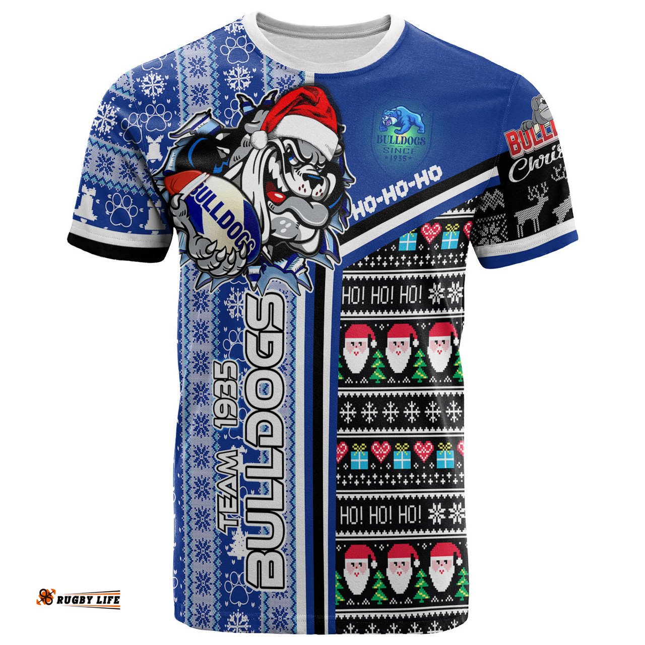Amazing Aussie Canterbury-Bankstown Bulldogs Christmas T-shirt - Custom Scratch Canterbury-Bankstown Christmas With Snowflakes Ho Ho Ho T-shirt