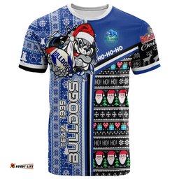 Amazing Aussie Canterbury-Bankstown Bulldogs Christmas T-shirt - Custom Scratch Canterbury-Bankstown Christmas With Snowflakes Ho Ho Ho T-shirt