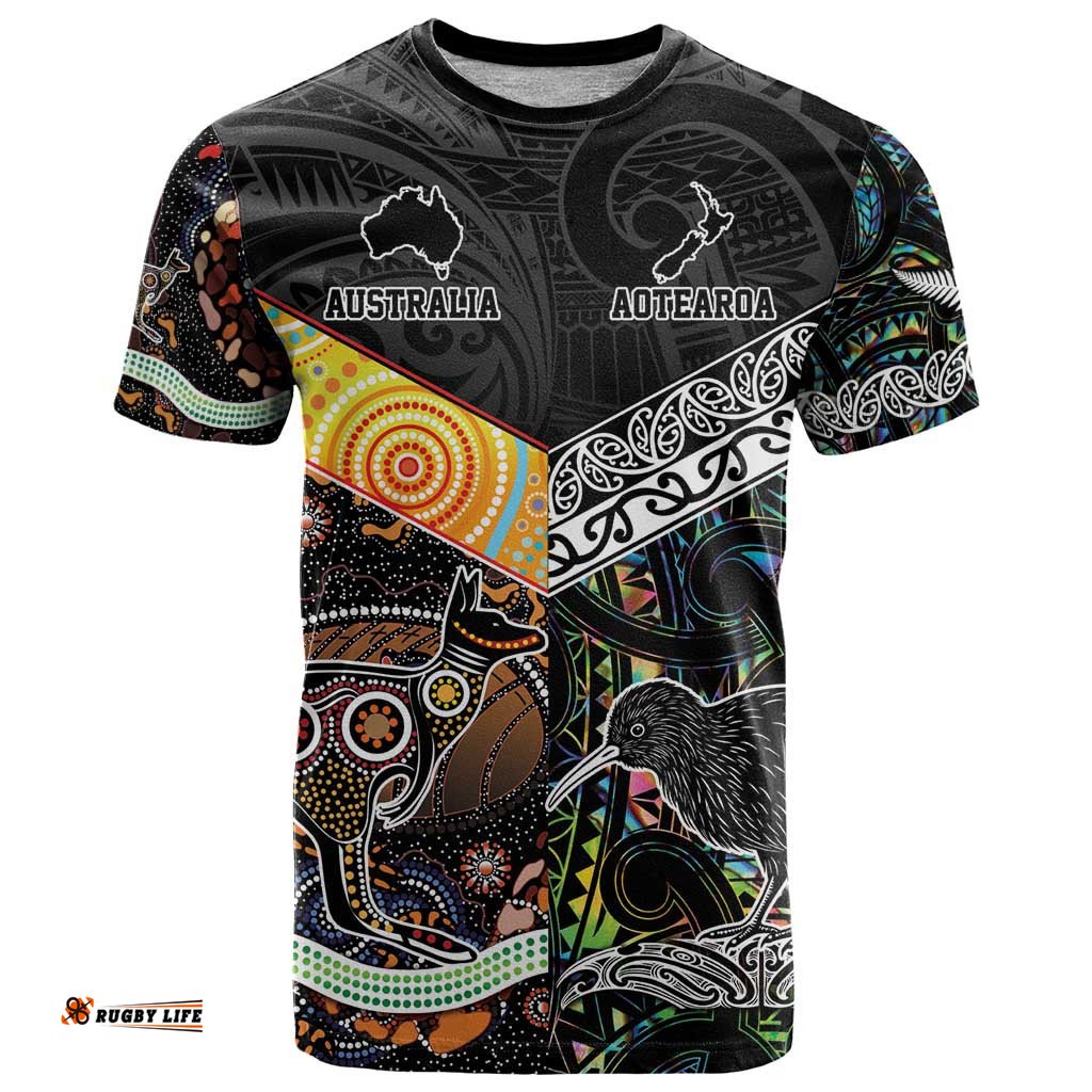 personalised new zealand and australia t shirt maori mix aboriginal art style