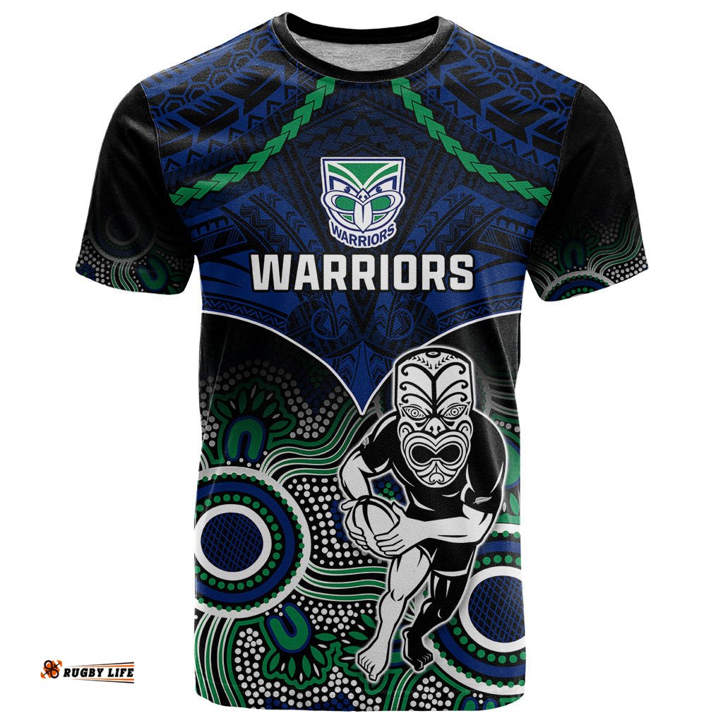 personalised warriors rugby t shirt nz aboriginal mix polynesian pattern