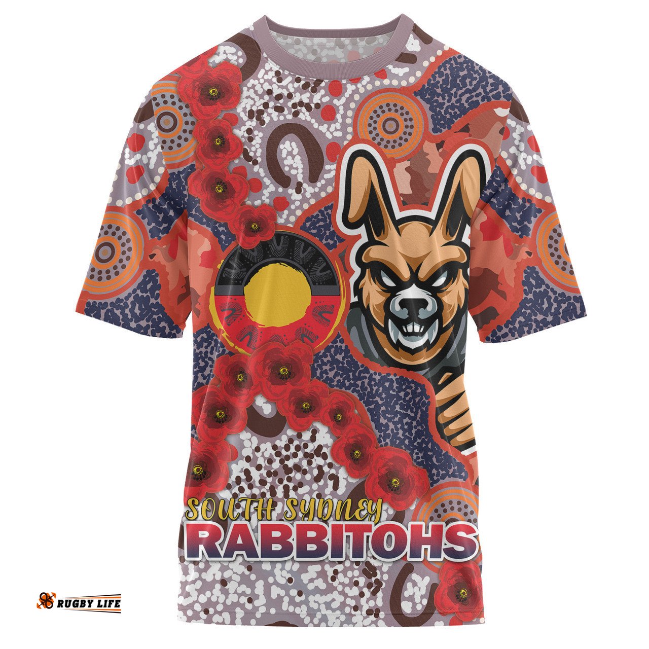 Amazing Aussie South Sydney Rabbitohs T-shirt - Custom Anzac Souths with Aboriginal Inspired Poppy Flowers T-shirt