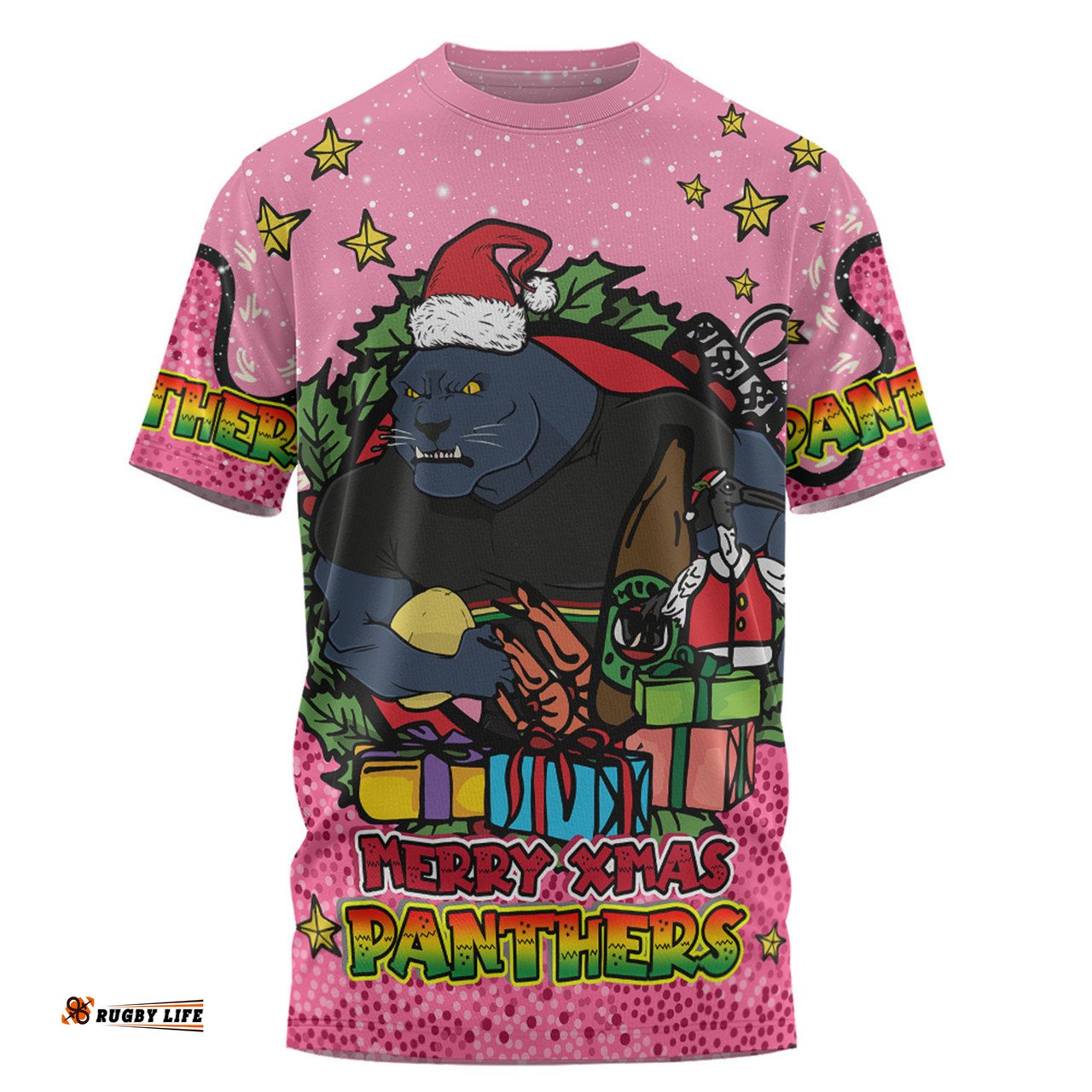 Amazing Aussie Penrith Panthers Christmas Custom T-shirt - Merry Christmas Our Beloved Team With Aboriginal Dot Art Pattern V2 T-shirt