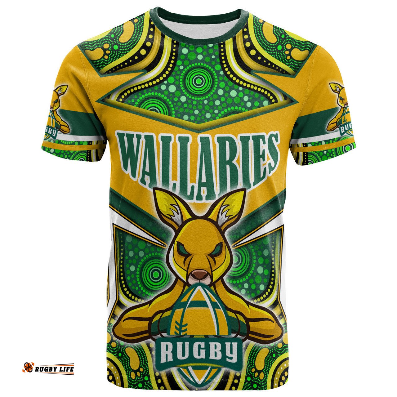 Amazing Aussie Wallabies Rugby T-shirt - Custom Super Kangaroo Rugby Ball Mascot Aboriginal Inspired Style T-shirt