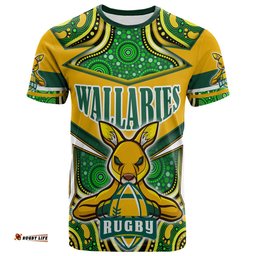 Amazing Aussie Wallabies Rugby T-shirt - Custom Super Kangaroo Rugby Ball Mascot Aboriginal Inspired Style T-shirt