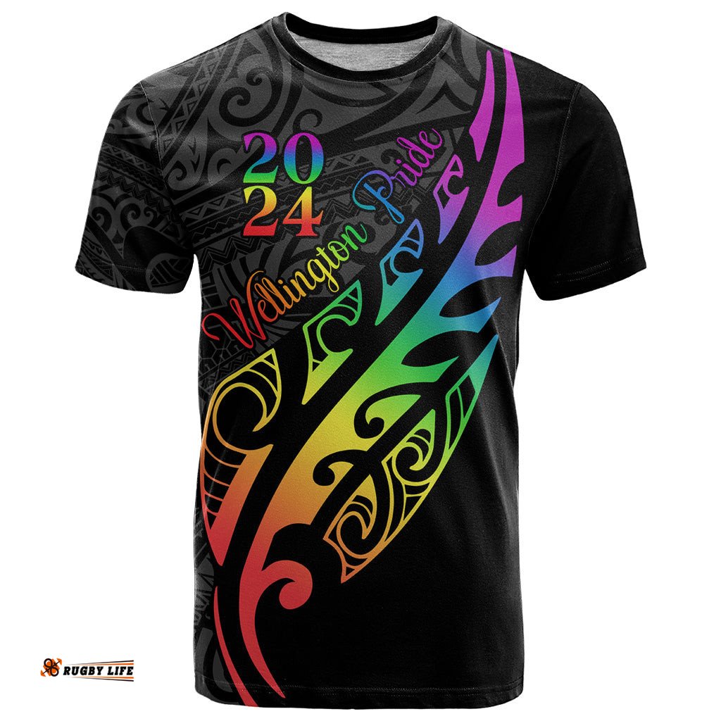 personalised new zealand wellington pride t shirt maori fern with pride flag 2024
