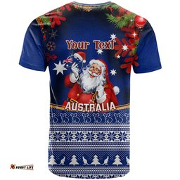personalised christmas in july t shirt happy santa claus with australia map blue style