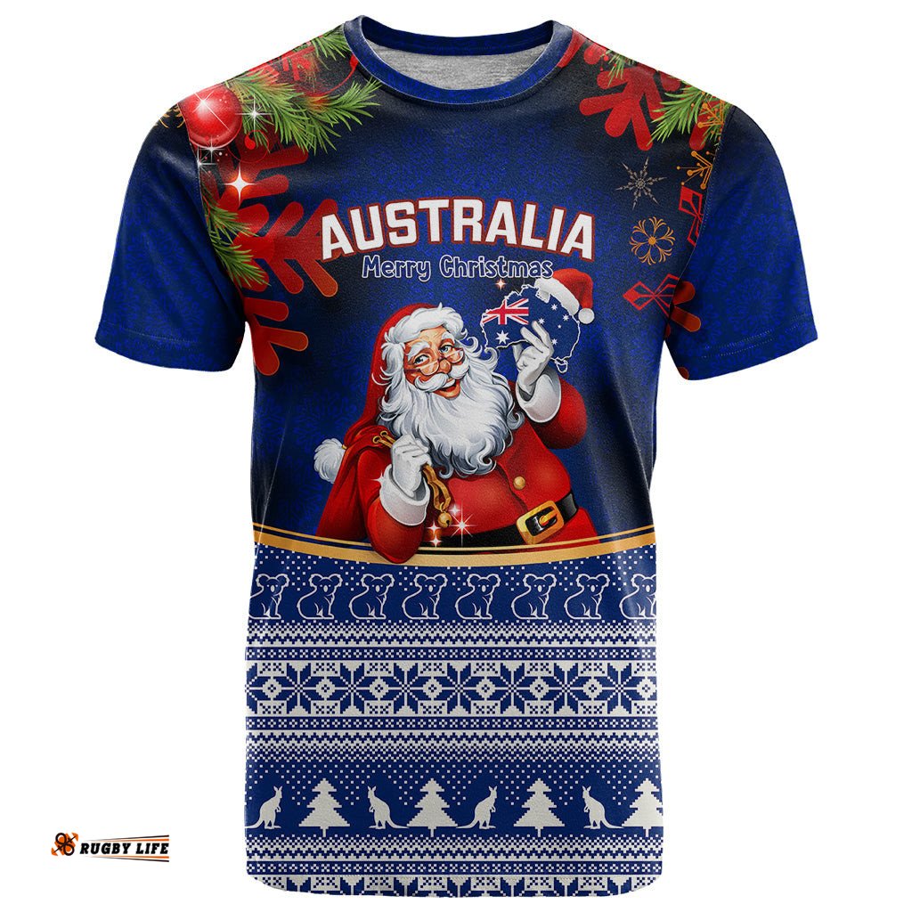 personalised christmas in july t shirt happy santa claus with australia map blue style