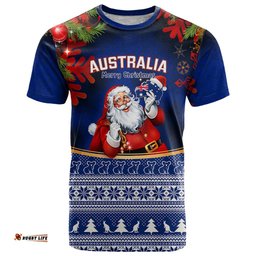 personalised christmas in july t shirt happy santa claus with australia map blue style