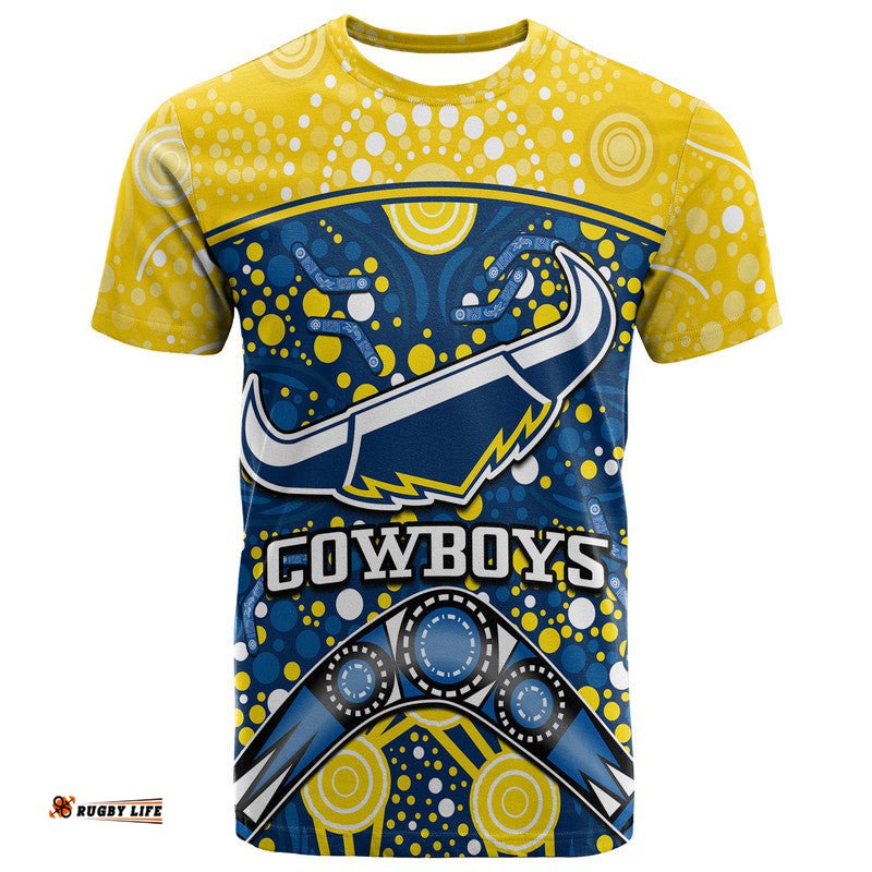 custom personalised cowboys rugby t shirt boomerang indigenous dots