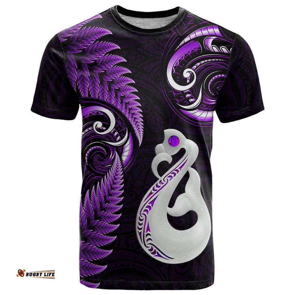 personalised new zealand t shirt aotearoa silver fern with manaia maori unique purple