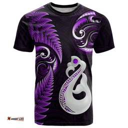 personalised new zealand t shirt aotearoa silver fern with manaia maori unique purple