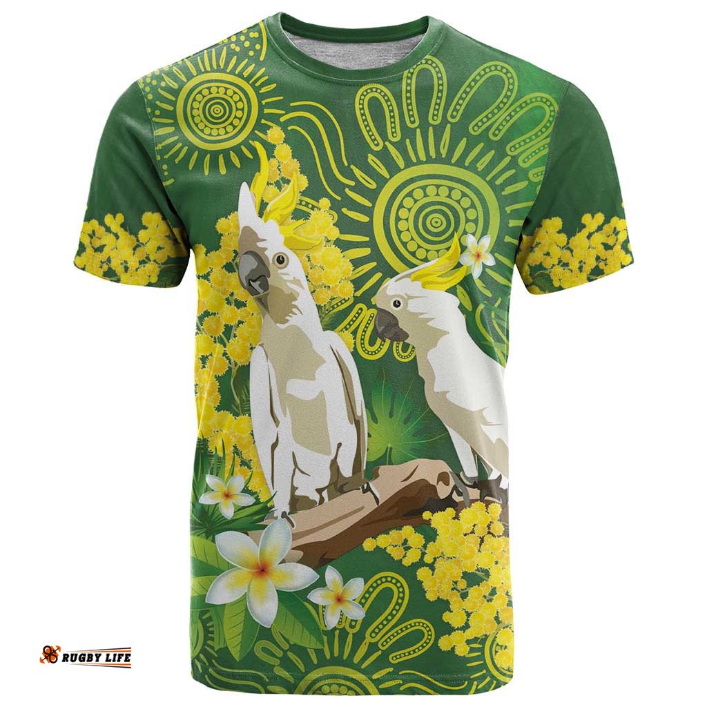 personalised australia golden wattle and cacatua galerita t shirt aboriginal art