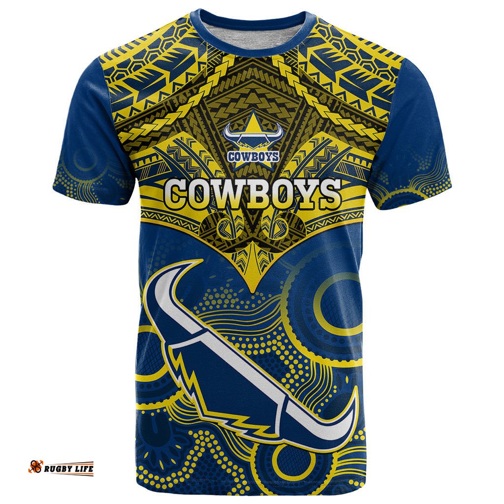 personalised cowboys rugby t shirt aboriginal mix polynesian pattern