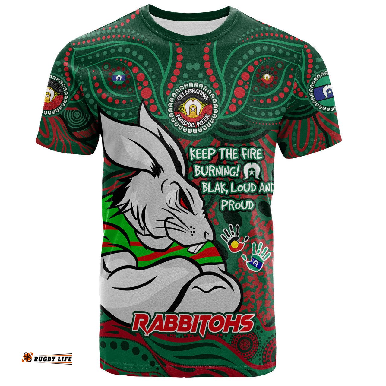 Amazing Aussie South Sydney Rabbitohs T-Shirt Celebrating Naidoc Week 2024 Aboriginal Dot Art Inspired