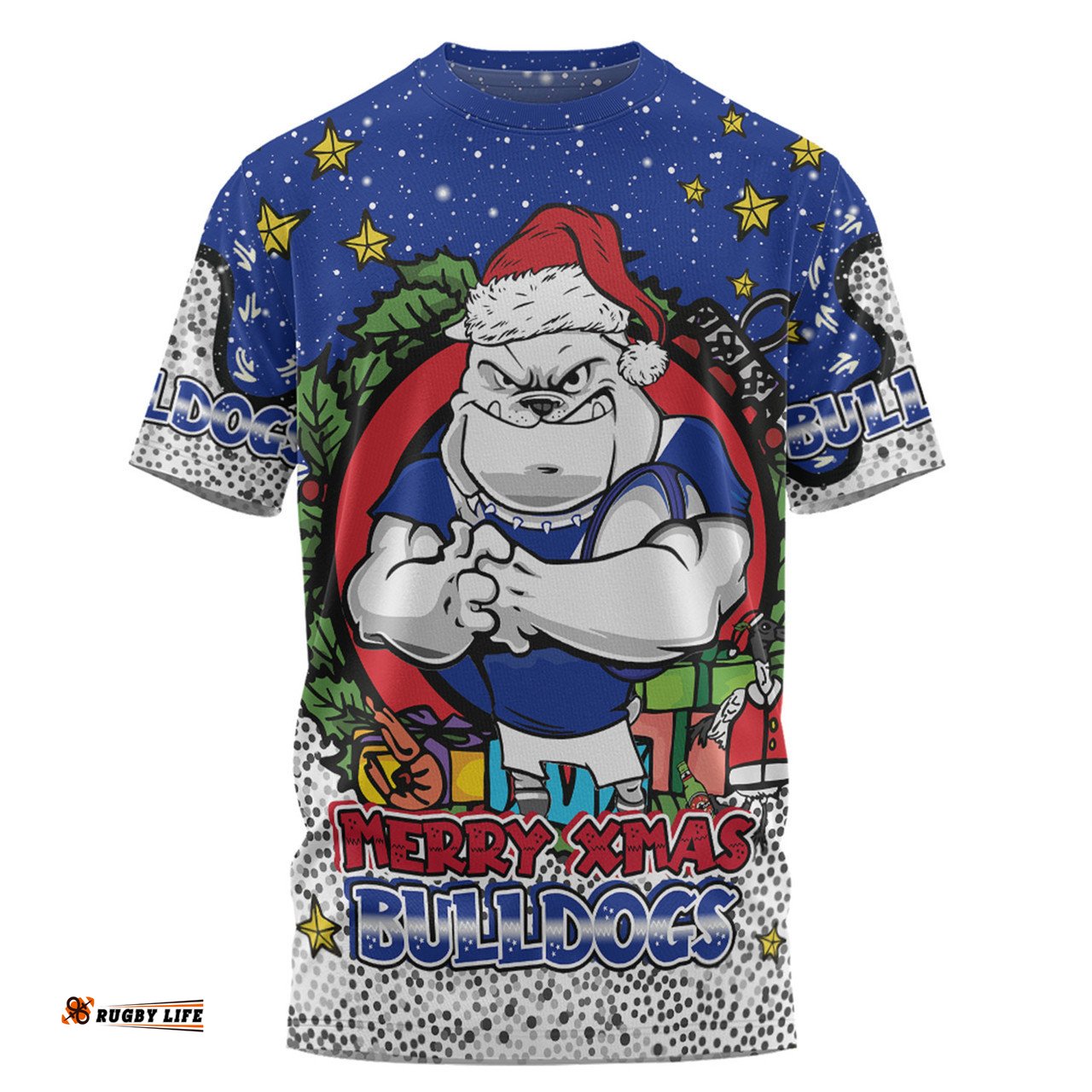 Amazing Aussie Canterbury-Bankstown Bulldogs Christmas Custom T-Shirt - Merry Christmas Our Beloved Team With Aboriginal Dot Art Pattern T-Shirt