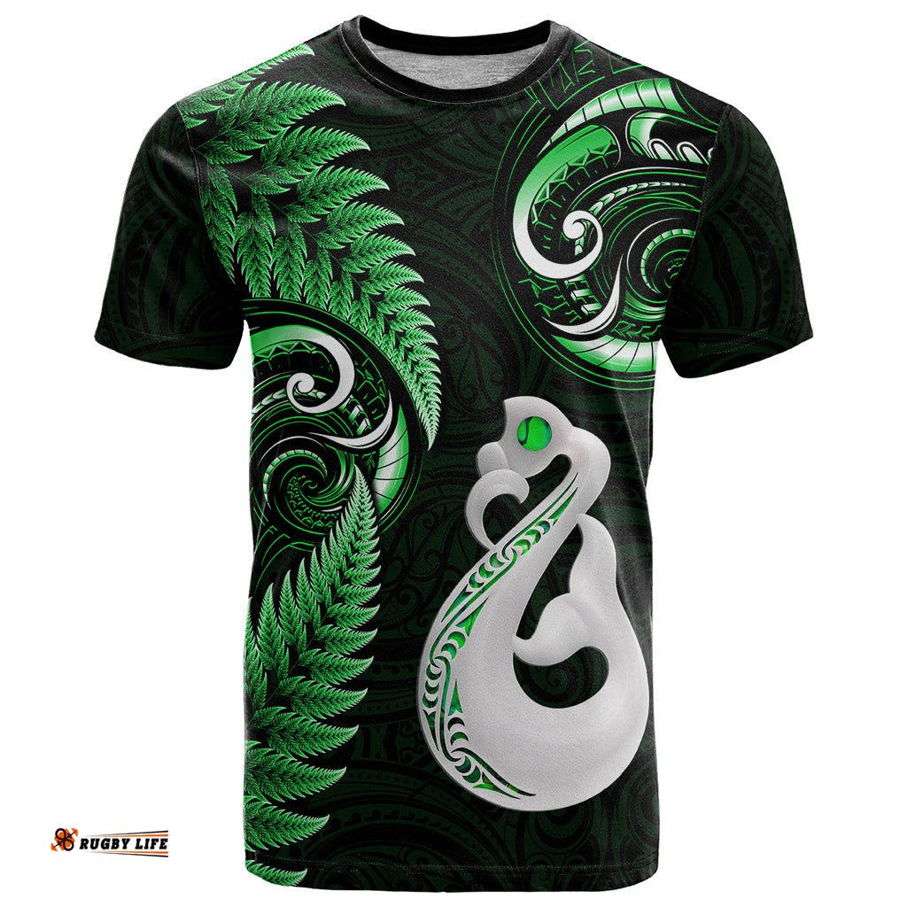 personalised new zealand t shirt aotearoa silver fern with manaia maori unique green
