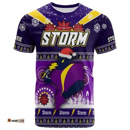 Amazing Aussie Melbourne Storm Christmas T-Shirt - Custom Melbourne Storm Ugly Christmas And Aboriginal Inspired Patterns T-Shirt