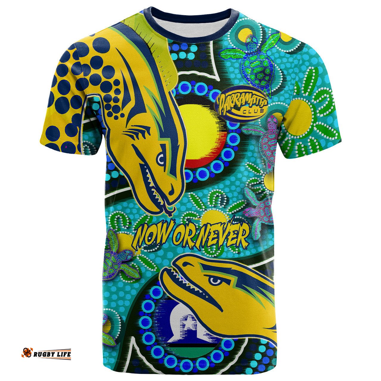 Amazing Aussie Parramatta Eels Custom T-shirt - Parramatta Eels Now Or Never Indigenous Culture Flag Dot Painting T-shirt