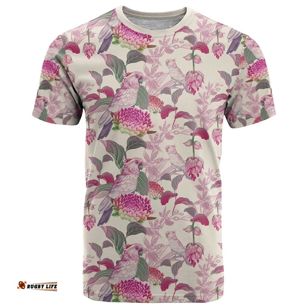 pink cockatoo australia t shirt tropical flowers seamless pattern