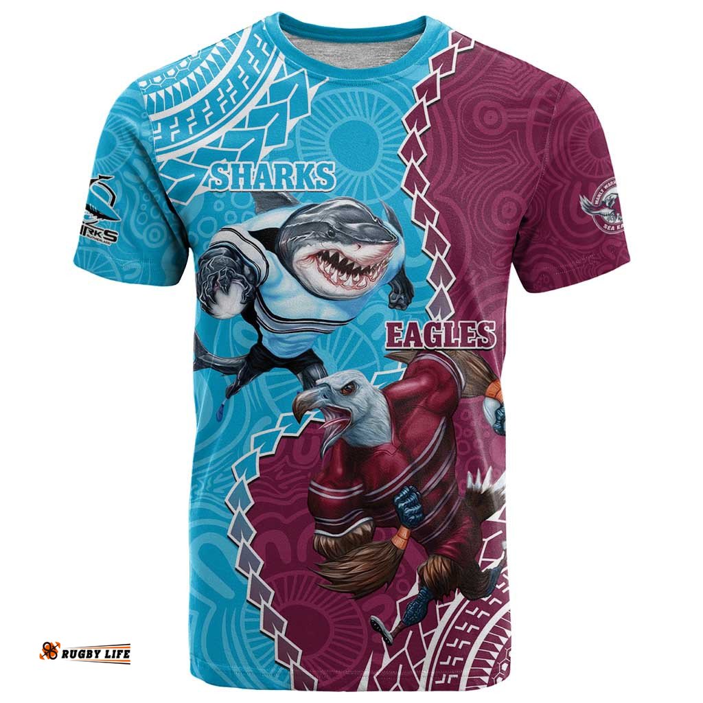 personalised eagles and sharks rugby t shirt aboriginal mix polynesian pattern