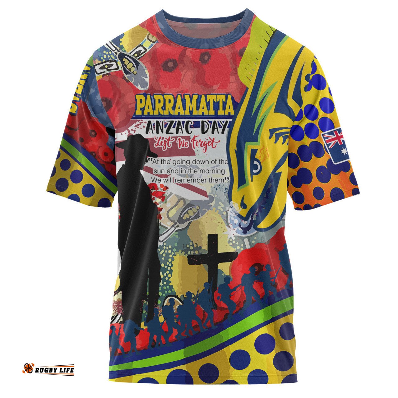 Amazing Aussie Parramatta Eels Anzac Watercolor Custom T-shirt - Parramatta Eels Anzac Day Commemoration Poppy Flower T-shirt