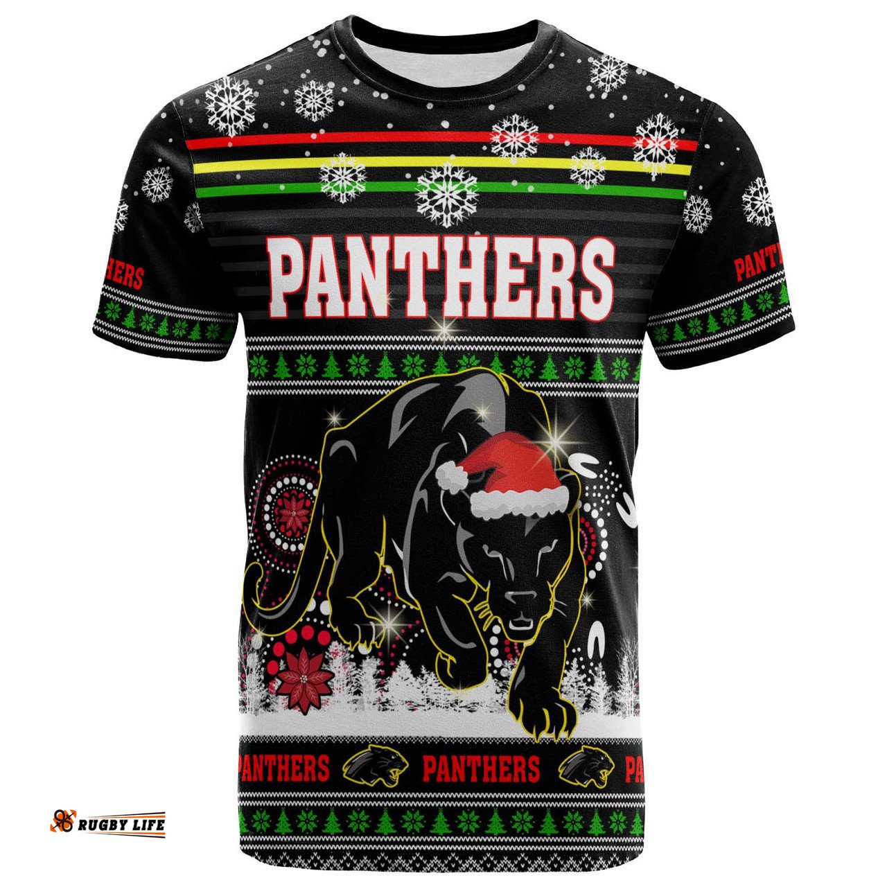 Amazing Aussie Penrith Panthers Christmas T-Shirt - Custom Penrith Panthers Ugly Christmas And Aboriginal Inspired Patterns T-Shirt