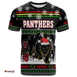 Amazing Aussie Penrith Panthers Christmas T-Shirt - Custom Penrith Panthers Ugly Christmas And Aboriginal Inspired Patterns T-Shirt