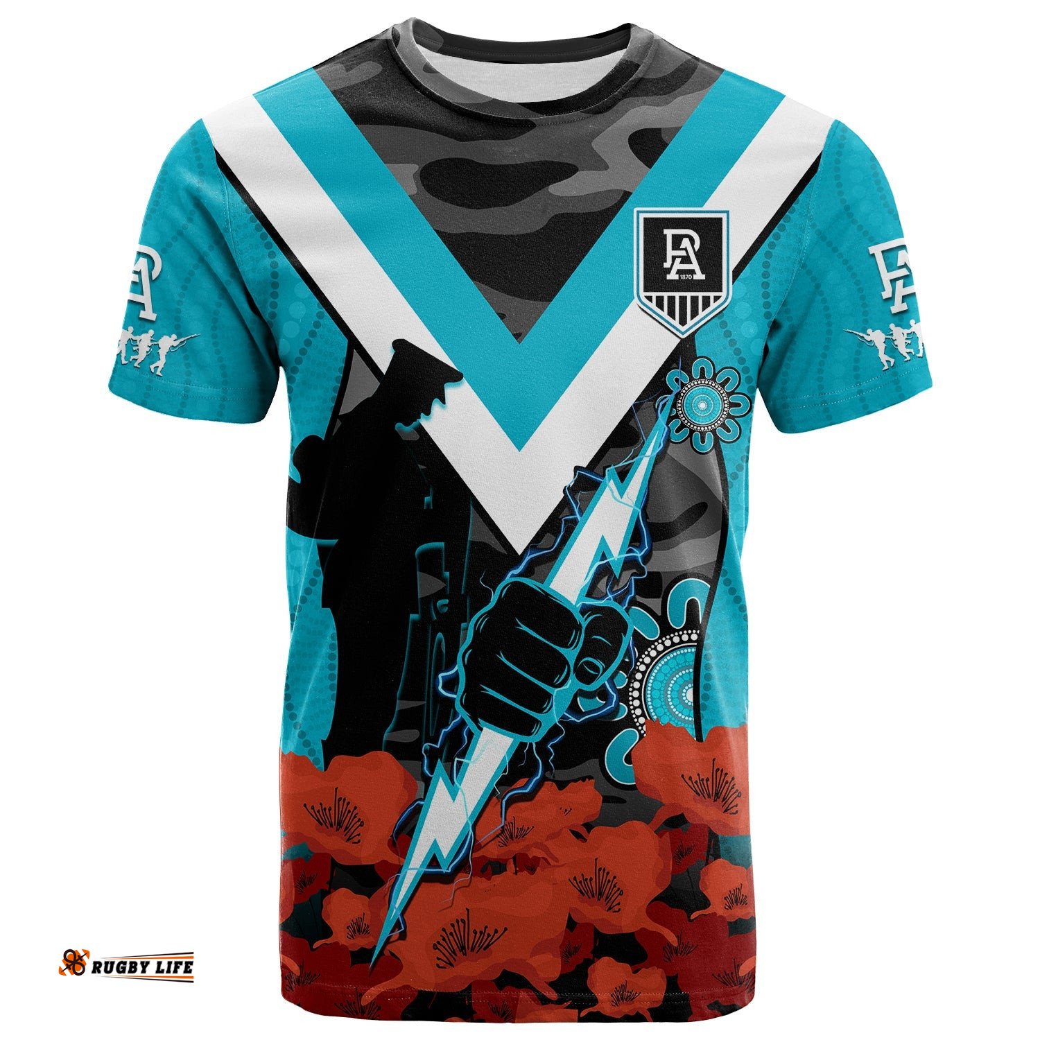 port adelaide football anzac 2023 t shirt power aboriginal mix poppy camouflage