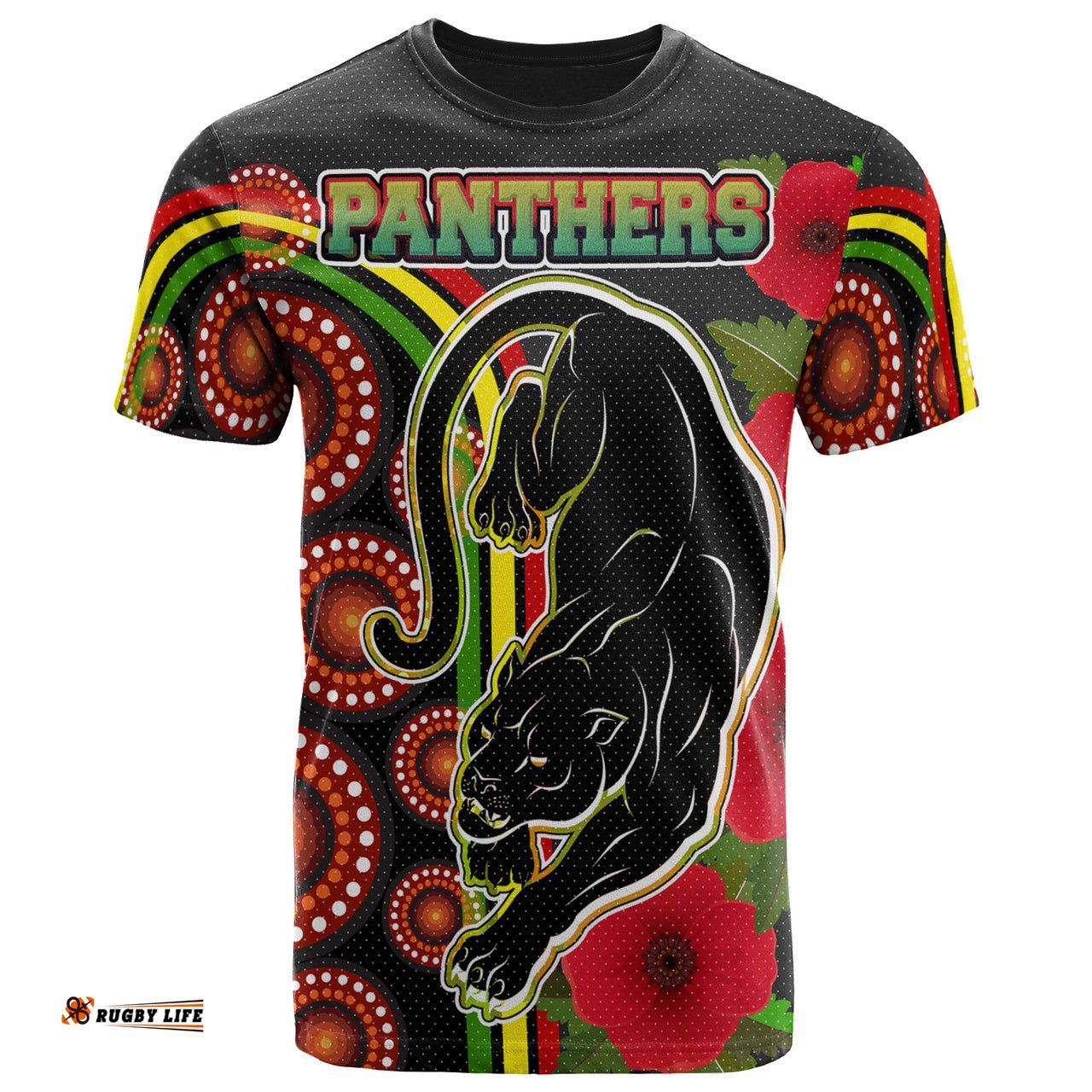 panthers rugby t shirt aboriginal panthers anzac day panther with poppy flower t shirt 0