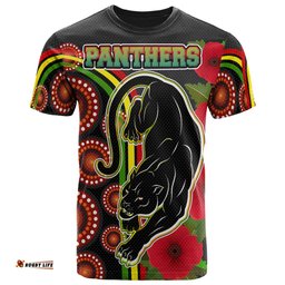 panthers rugby t shirt aboriginal panthers anzac day panther with poppy flower t shirt 0