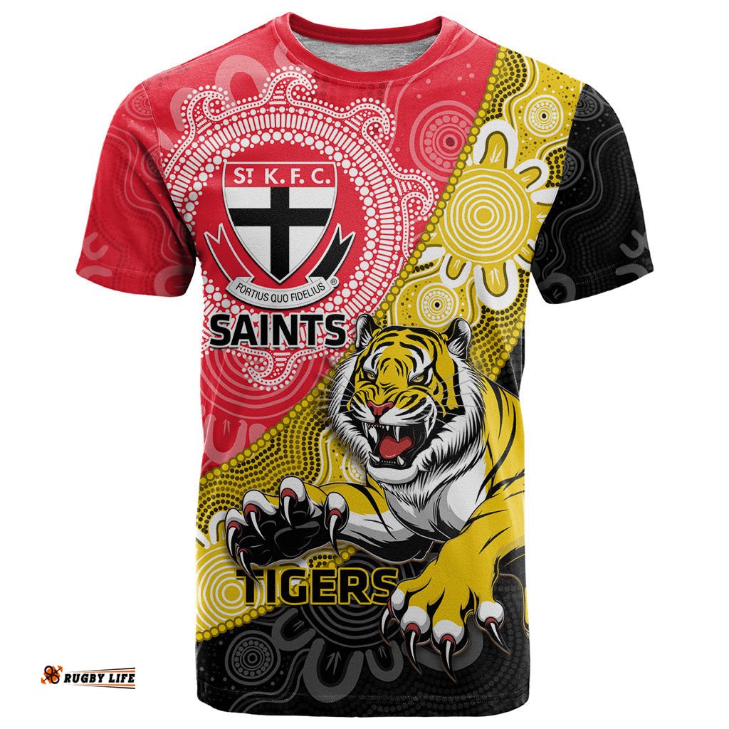 personalised richmond and st kilda football t shirt tigers saints together aboriginal art