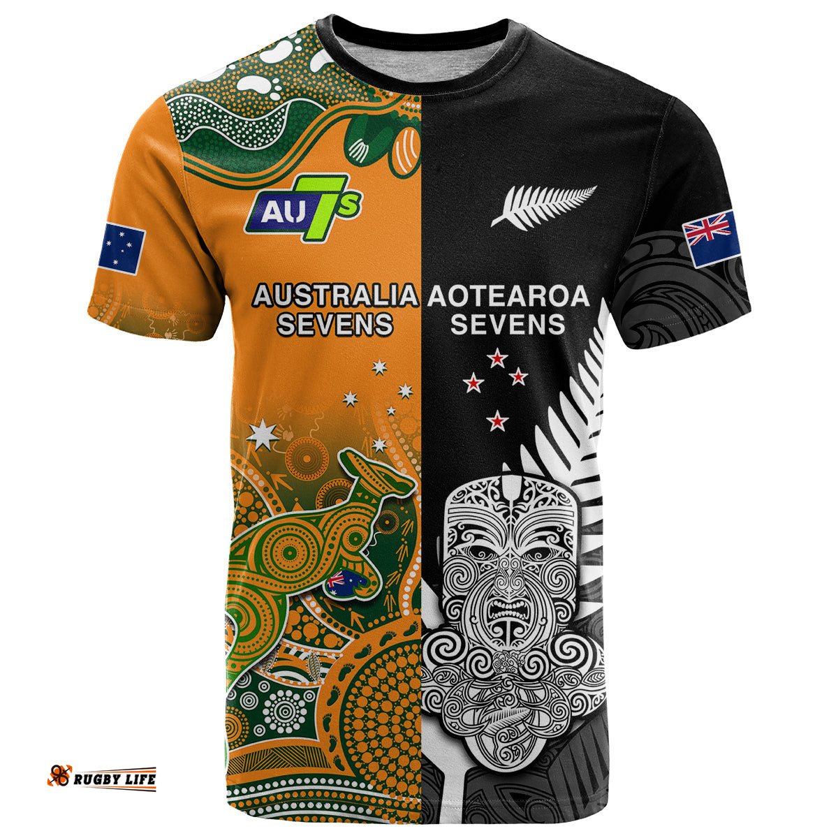 custom personalised aussie and aotearoa rugby 7s kangaroos mix tiki fern t shirt