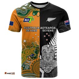 custom personalised aussie and aotearoa rugby 7s kangaroos mix tiki fern t shirt