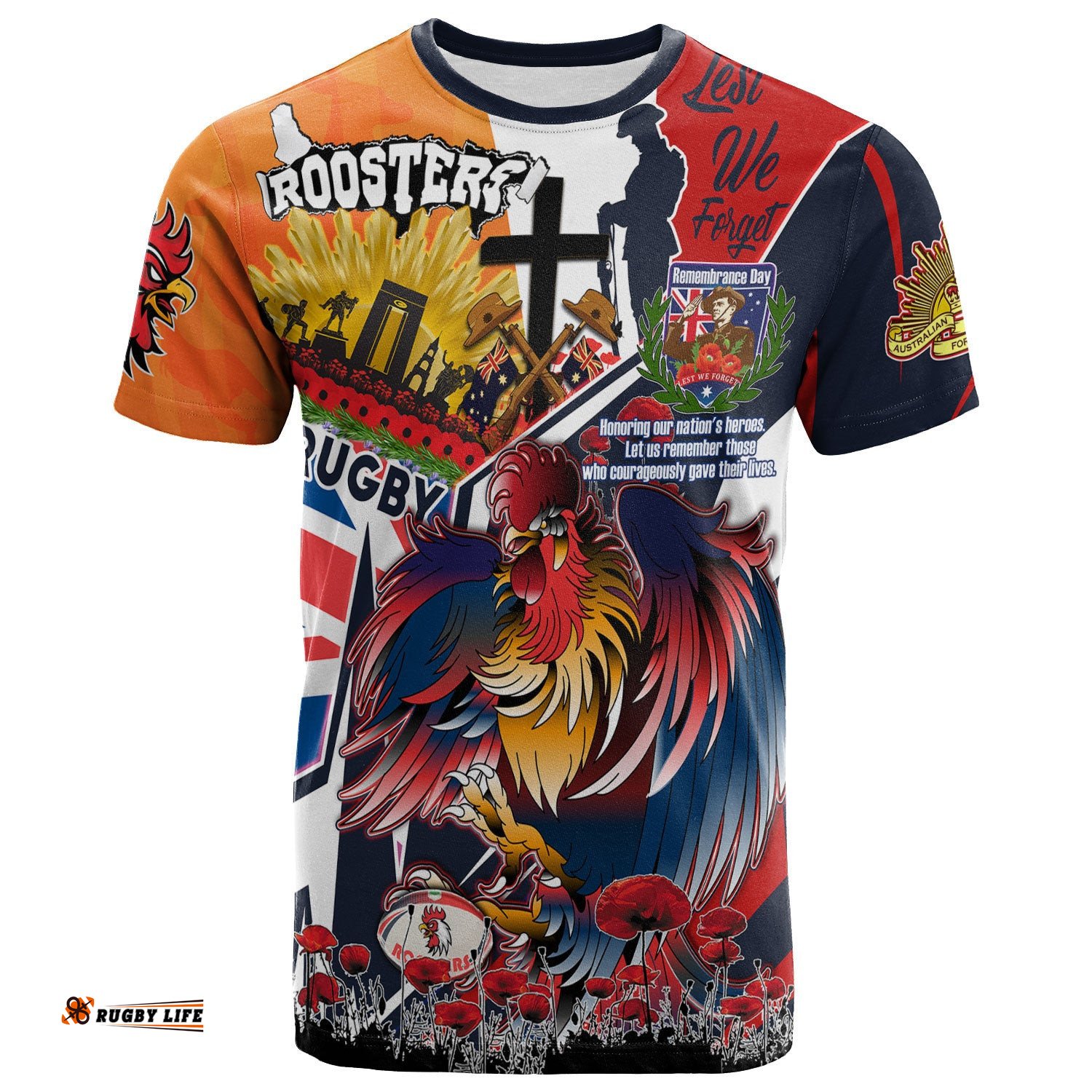 roosters rugby t shirt custom remembrance roosters anzac quote with poppy and rosemary t shirt