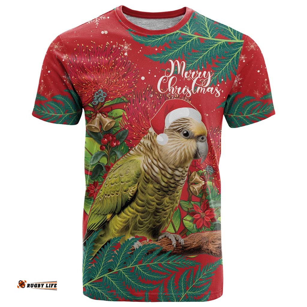 personalised new zealand kakapo christmas t shirt meri kirihimete silver fern mix pohutukawa