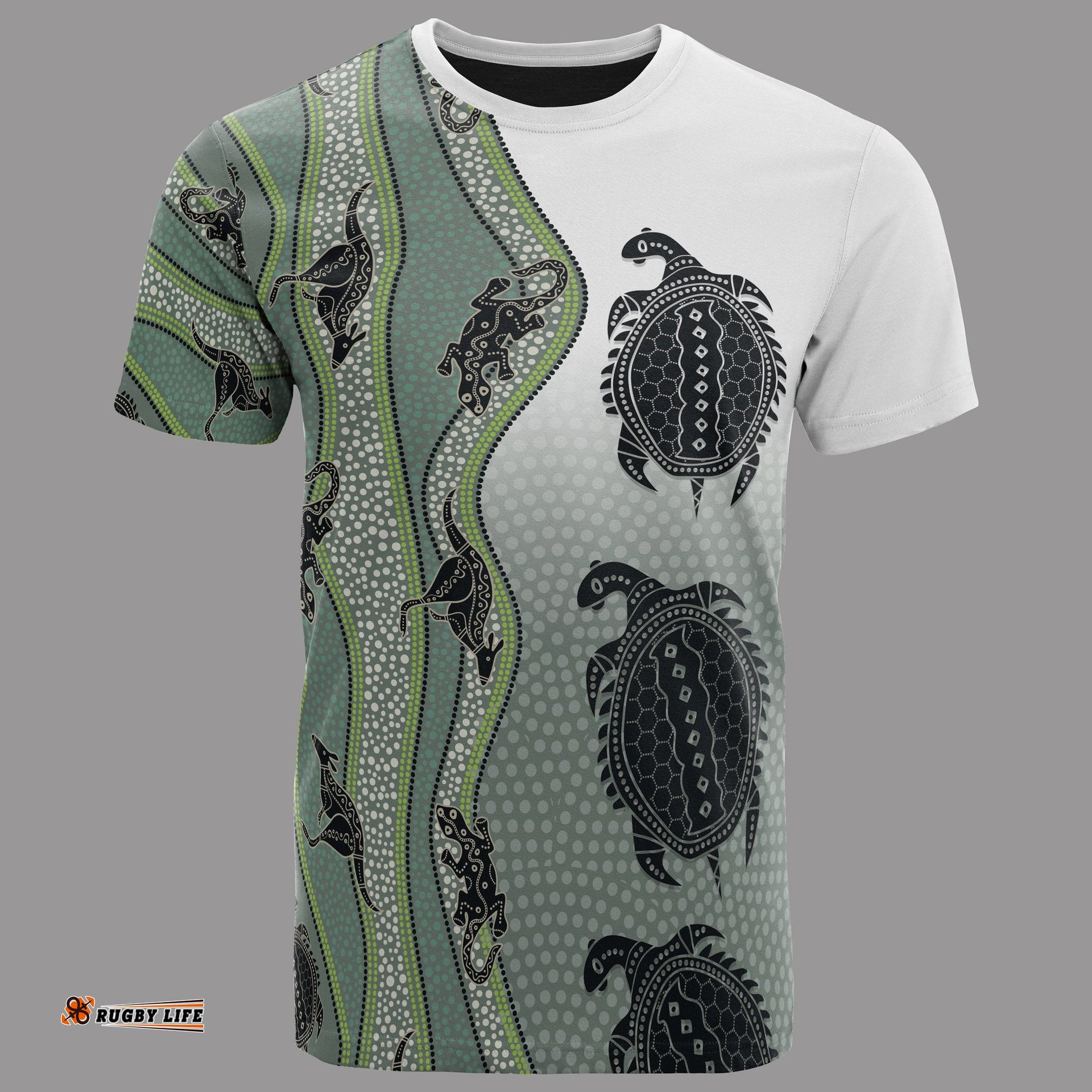 t shirt aboriginal with kangaroo lizard turtle and dotted crooked stripes pattern