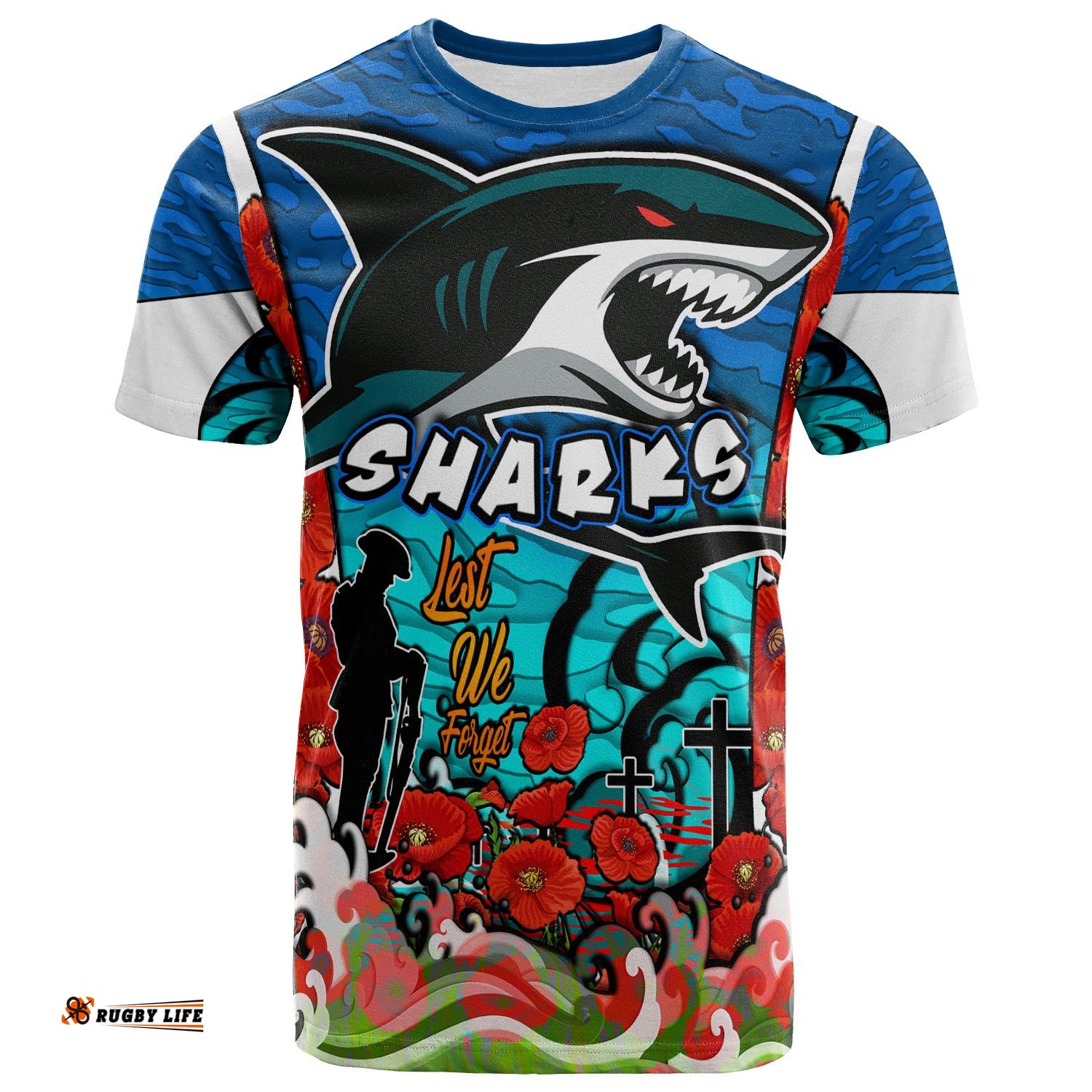 sharks rugby t shirt custom sharks lest we forget and poppies t shirt