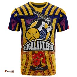 Amazing Aussie Otago Highlanders Rugby T- Shirt -  Aboriginal Inspired Anzac Day Otago Highlanders With Poppy Flower T- Shirt
