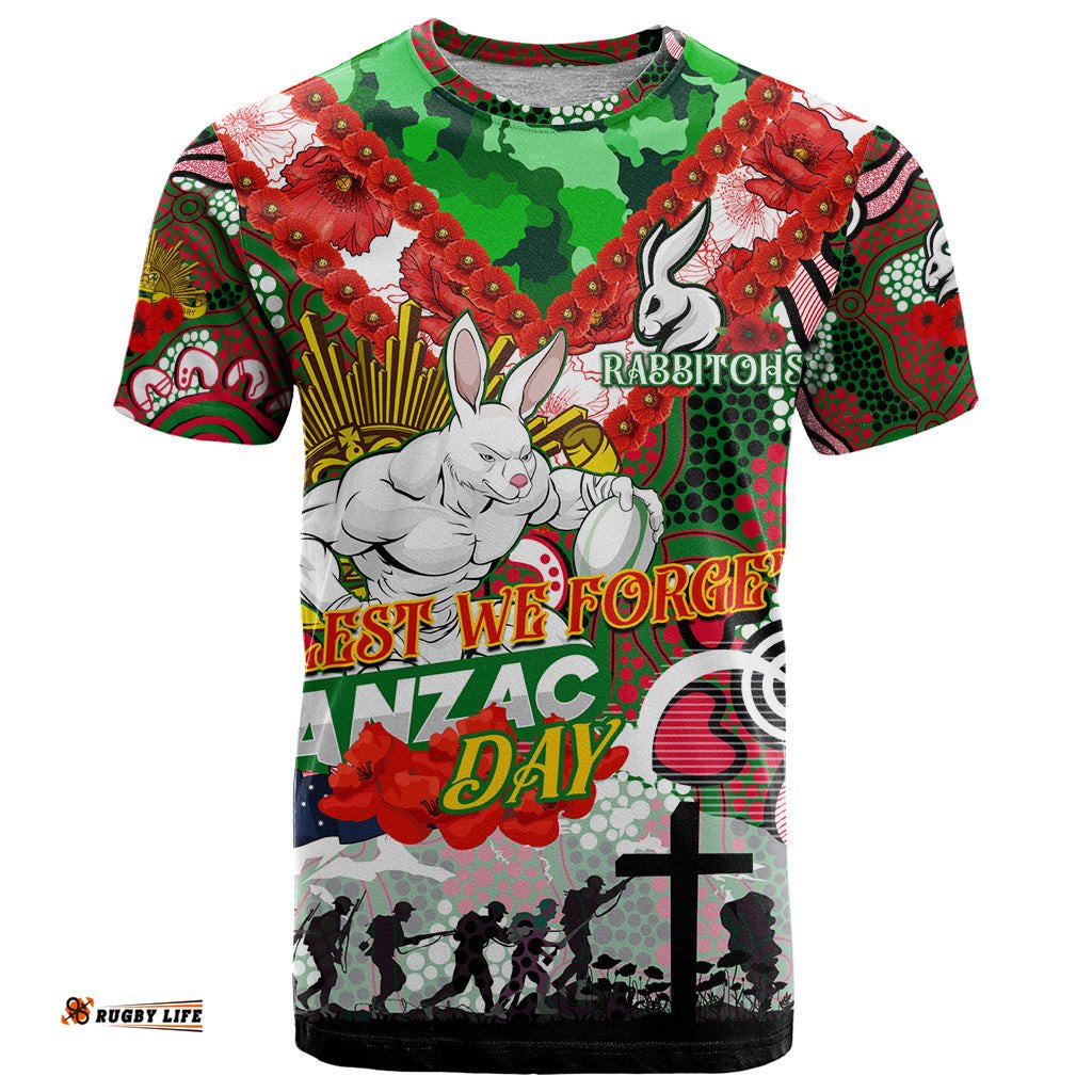 personalised rabbitohs anzac day t shirt aboriginal rising sun dt02